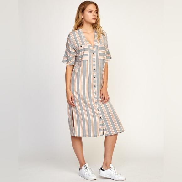 RVCA Womens' Tan Black White Circus Striped Midi Shirt Dress. - Picture 9 of 9